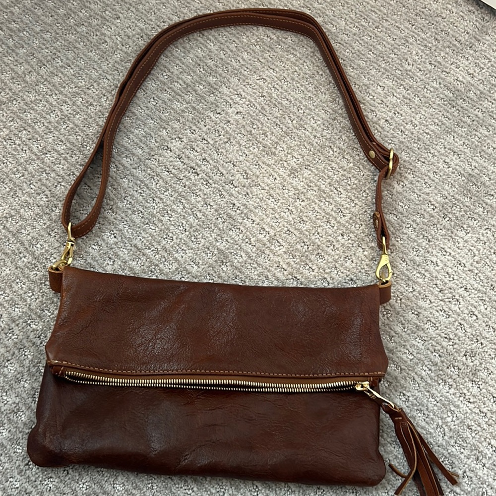 Parker Clay Makeda Leather Crossbody Fold over Bag in cognac